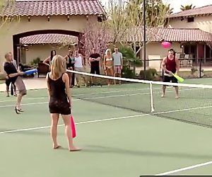 Amateur swinger couples play games in the garden of swing mansion