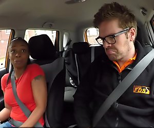 Natural busty ebony fucks instructor in his car